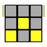 Top layer of Rubik's cube with 2 corner pieces correctly oriented, and 2 with yellow on the left/right faces.